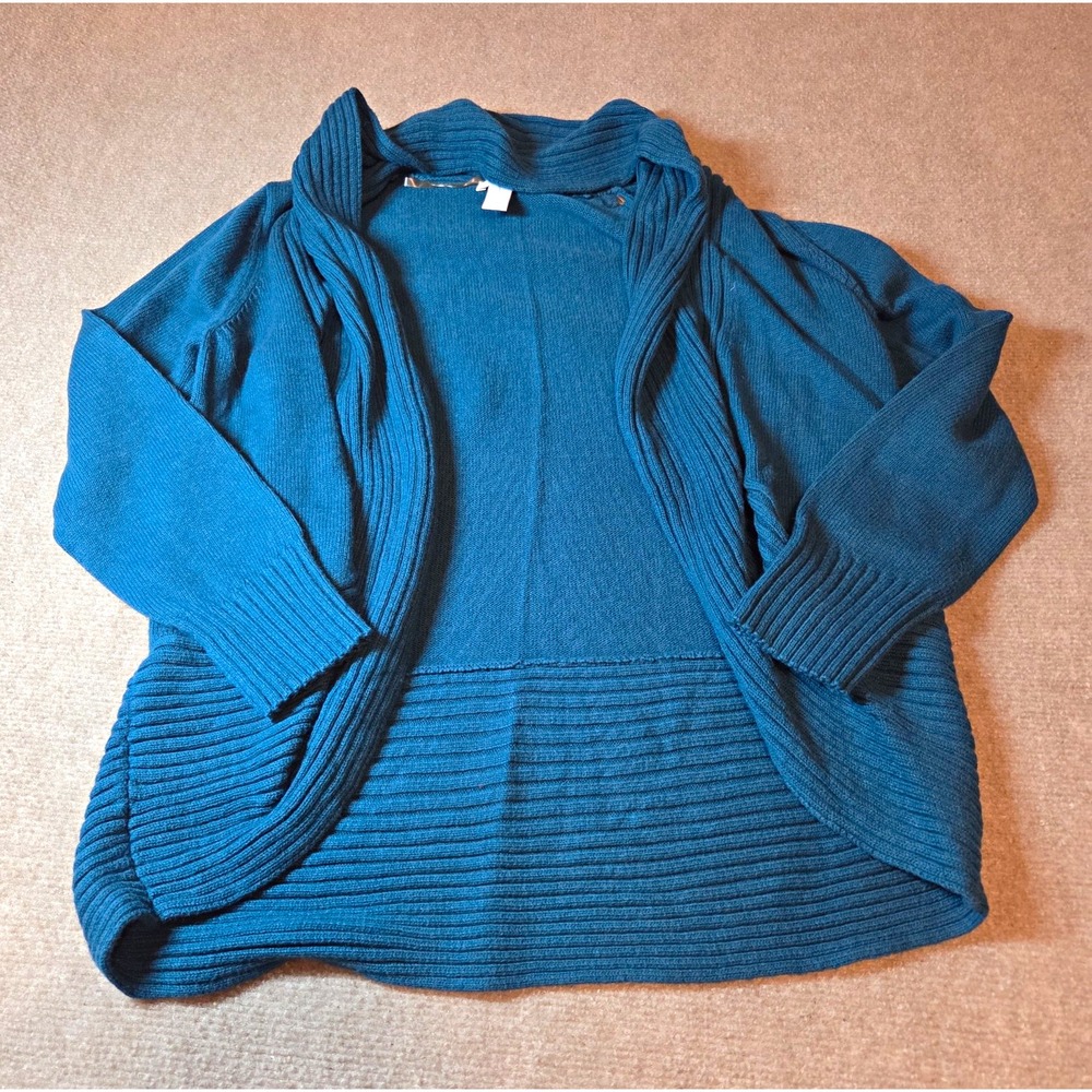 Chicos Teal Blue Cotton Rabbit Hair Open Front Shawl Collar Cardigan Sweater 1 M